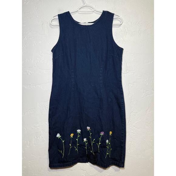 Baccini Dresses & Skirts - Baccini vintage embroidered flower‎ denim shift dress womens medium cottagecore